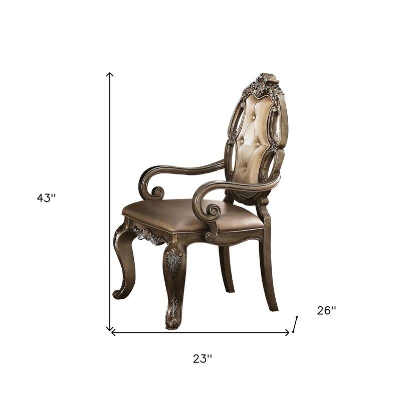 HomeRoots Set of Two Tufted Oak Upholstered Faux Leather And Solid Wood Dining Arm Chairs - 23.00 in. x 43.00 in. x 26.00 in.