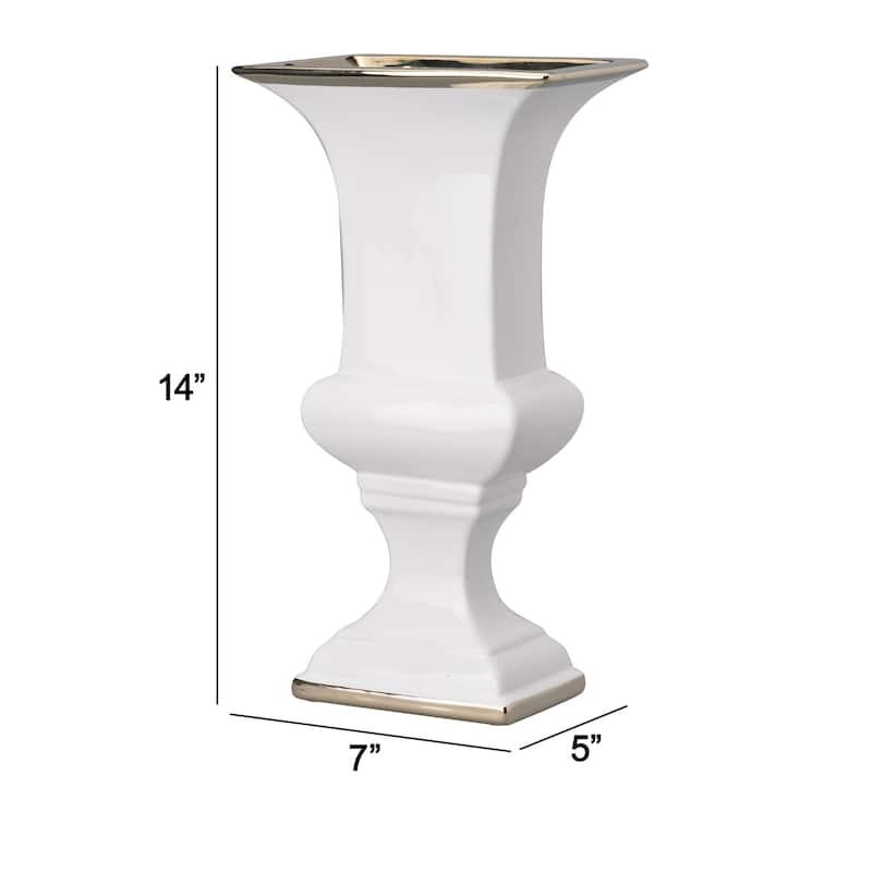 14 Inch Decorative Ceramic Vase, Artistic Turned Urn, White and Gold Rim