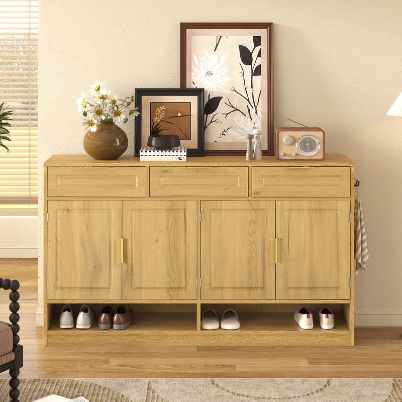 Farmhouse Sideboard with 3 Drawers & 4 Doors, 59.1" Multi-Functional Storage Buffet with Adjustable Shelf - Natural