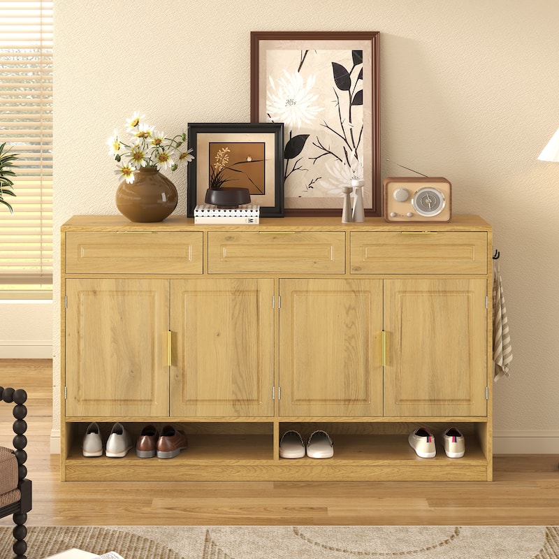 Sideboard with 4 Doors & 3 Drawers, Buffet Cabinet with Adjustable Shelf & Open Shelf, Multi-Functional Wooden Storage Cabinet