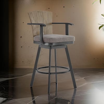Luna 26 Inch Outdoor Swivel Counter Stool Chair, Rustic Teak Wood, Black