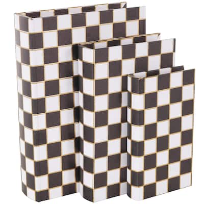 Faux Leather Checkered Faux Book Storage Box with White and Metallic Gold Accents - Set of 3 Black - Roche River Decor