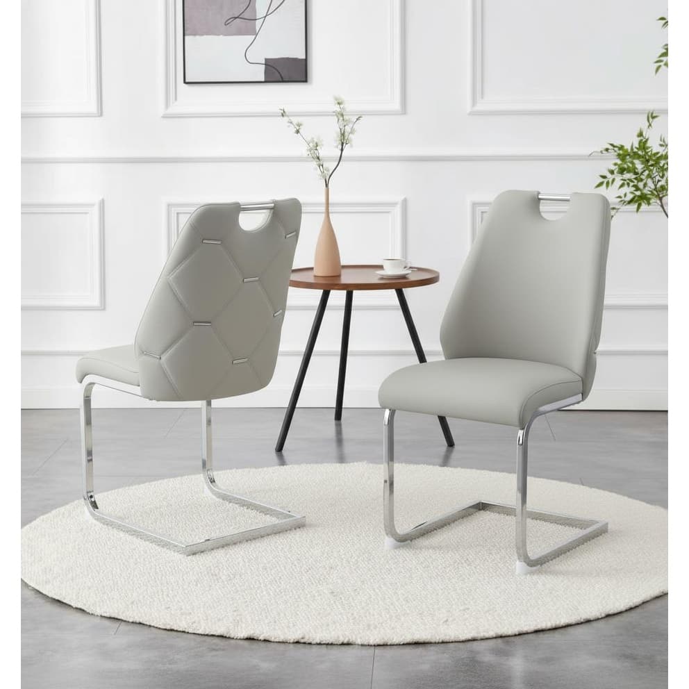 Dining Chairs Set of 2, Faux Leather Kitchen Chairs with Gold Mesh Texture, Silver Back Ring and Chrome Pull Handle