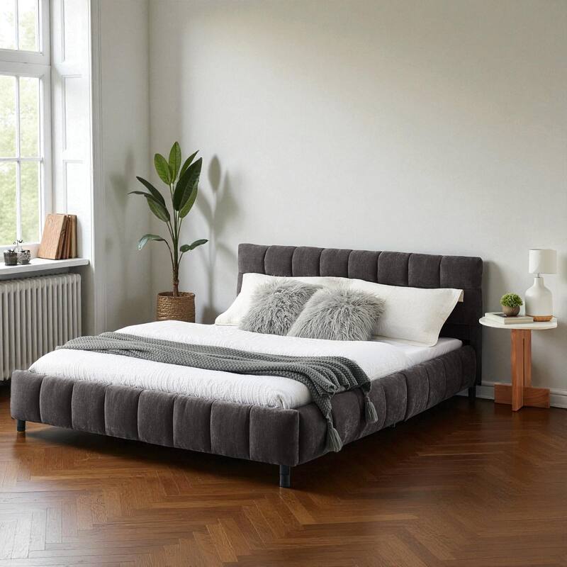 Queen Upholstered Platform Bed with Chenille Fabric, Soft Headboard & Underbed Storage Drawer, Solid Bed Frame
