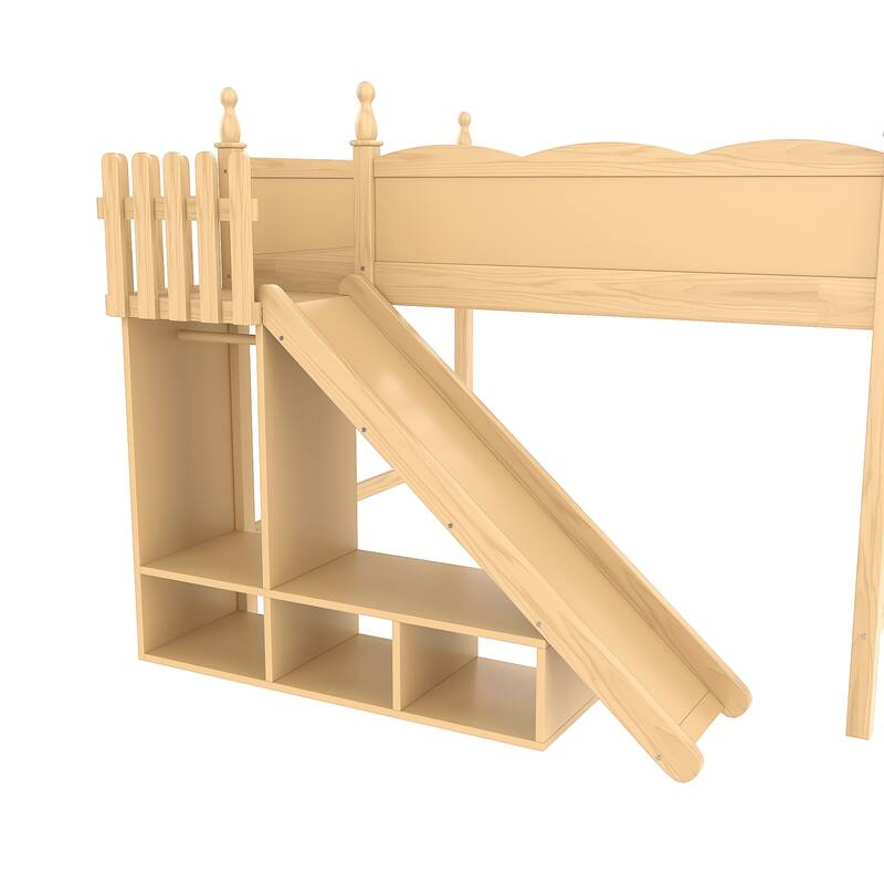Queen Loft Bed with Storage Shelves and Wardrobe, Solid Wood Loft Beds with Detachable Slide and Ladders, No Spring Box Needed