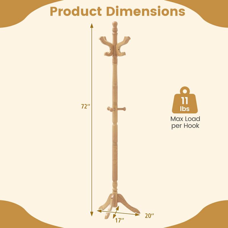 Costway Solid Rubber Wood Coat Rack with 3 Adjustable Heights and 11 - See Details