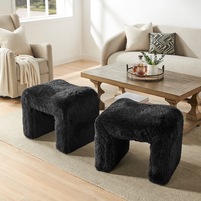 Roundhill Furniture Zorya Faux Fur U-Shaped Ottoman, Set of 2