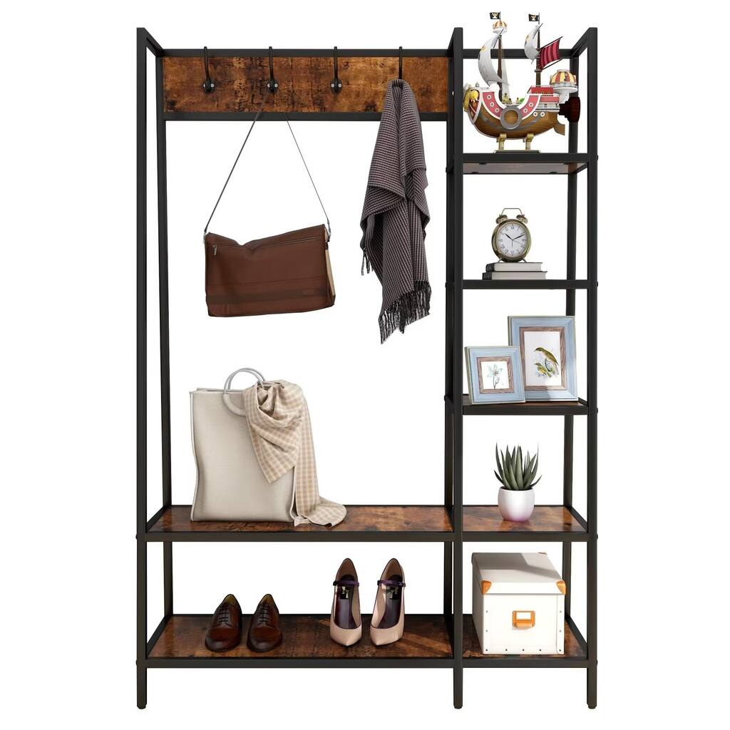 46'' Wide Solid Wood Hall Tree with Bench and Shoe Storage, Industrial Rustic Coat Rack with 5 Shelves and 4 Hooks