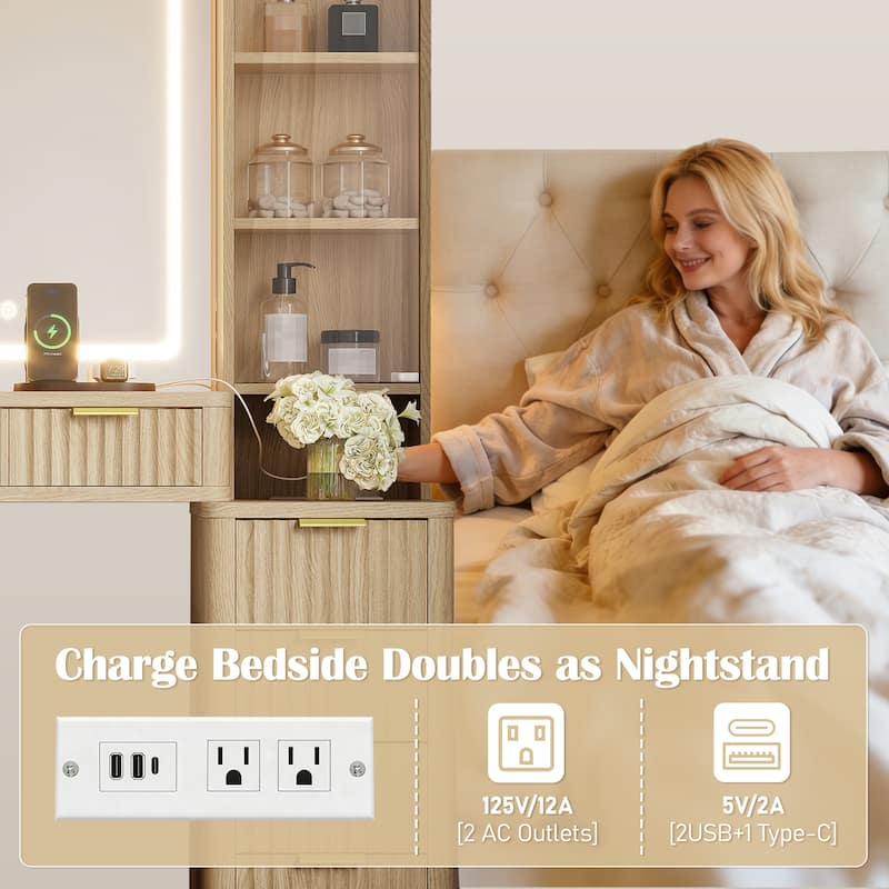 43.5" Fluted Makeup Vanity Desk with LED Mirror, Dressing Table Set with Stool, 10 Drawers & Charging Station