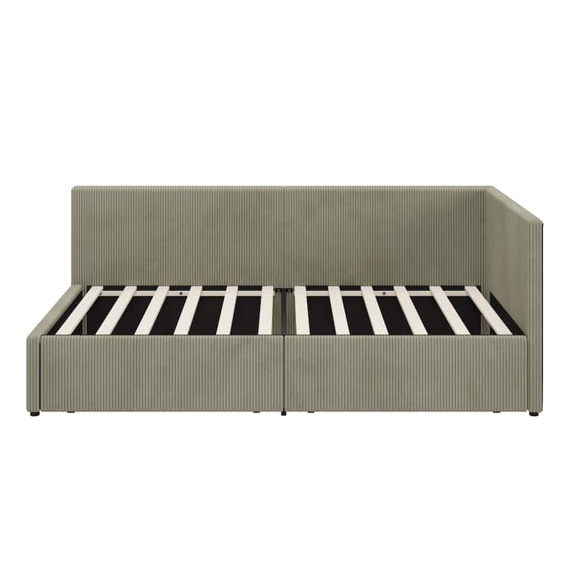 Corner Bed L Shape Daybed Corduroy Upholstered Sofa Bed with 2 Drawers