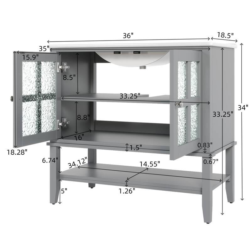 36" Bathroom Vanity with Ceramic Sink, Bathroom Vanity with Adjustable Shelf and Open Shelf, with Solid Wood Legs