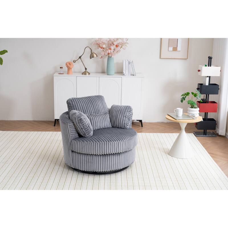 Oversized 360 Degreed Swivel Accent Chair Modern Soft Plush Corduroy Round Barrel Chair for Living Room Bedroom with Pillows