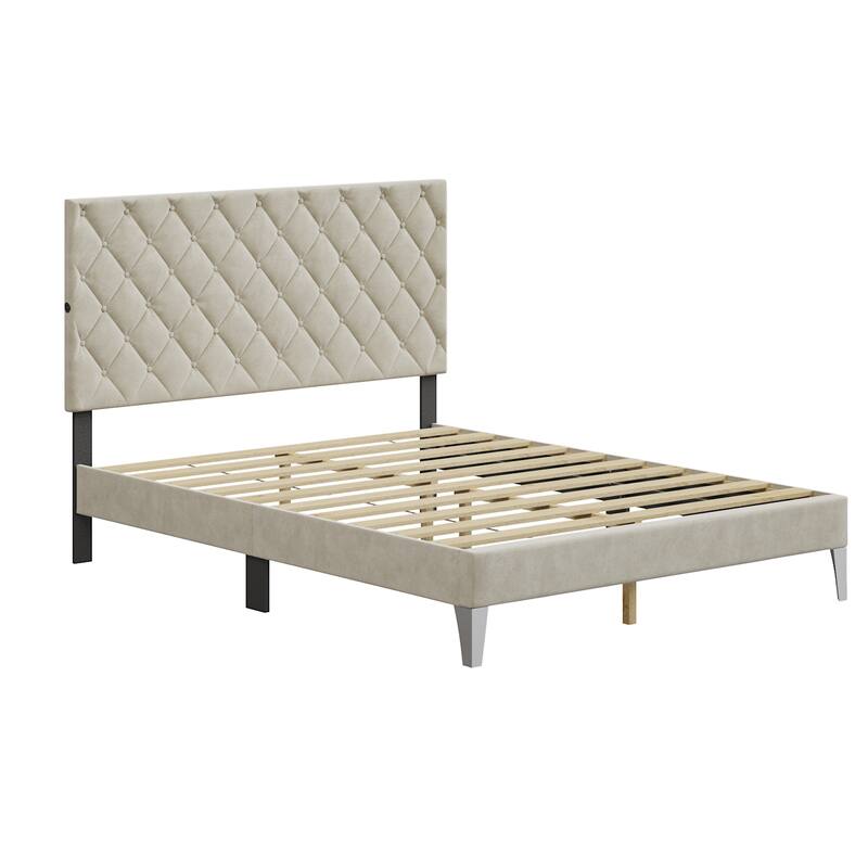 Heavy Duty Queen Upholstered Bed with 2 USB Ports,380GSM Headboard,TB117 Safe,Off-white
