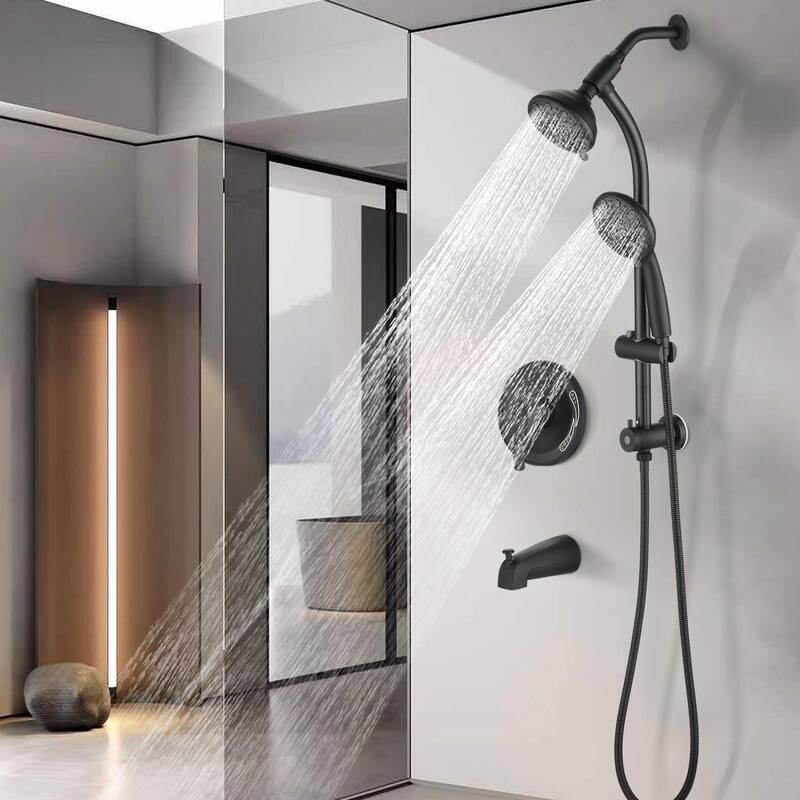 Drill-Free Stainless Steel Slide Bar Combo Rain Showerhead 7-Setting Hand, with Tup Spout (Rough-in Valve Included)