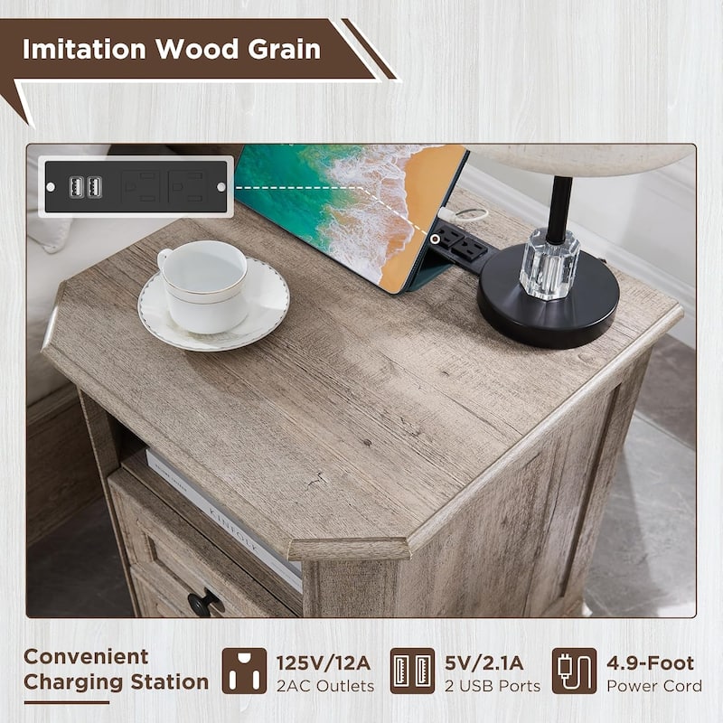 18" Farmhouse Nightstand with Charging Station, End Table,Side Table