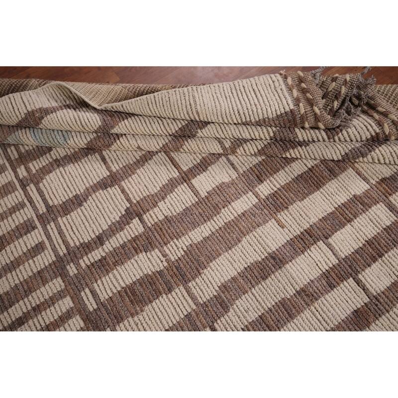 Earth Tone Moroccan Modern Area Rug Hand-Knotted Stripe Wool Carpet - 8'9" x 12'4"