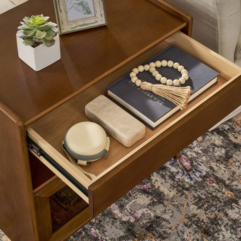 Mid Century Modern 2-Drawer Nightstand with Charging Station and Open Shelf for Bedroom Storage and Convenience