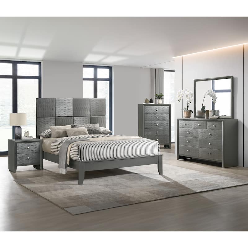 Queen Size Bed with Geometric Paneling and Gun Metal Finish