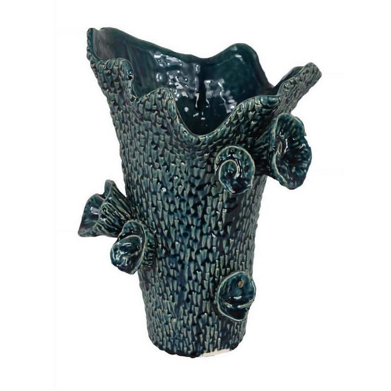 17 Inch Vase with Barnacle Design And Floral Details, Blue Ceramic Finish