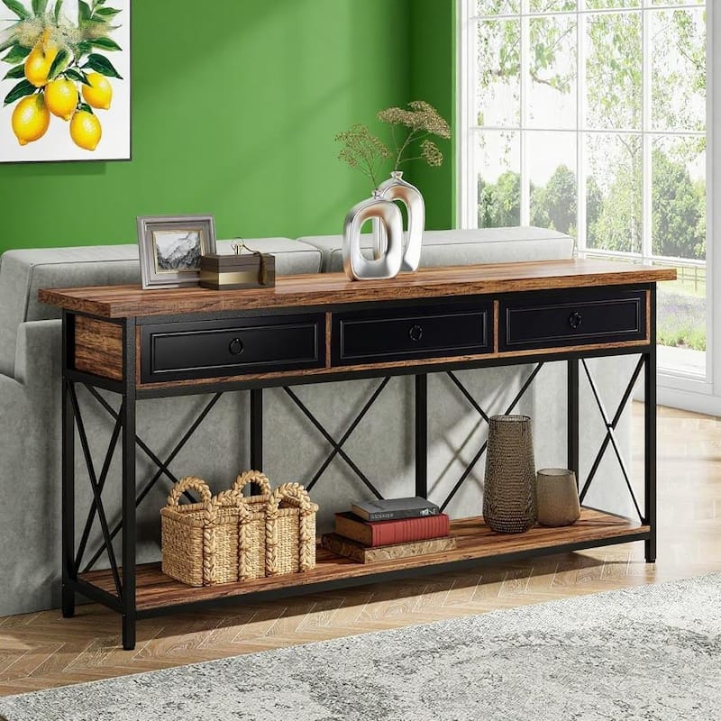 Farmhouse Console Table 71 Inch Wood Entryway Hallway Living Room Sofa Table with 3 Drawers and Bottom Shelf