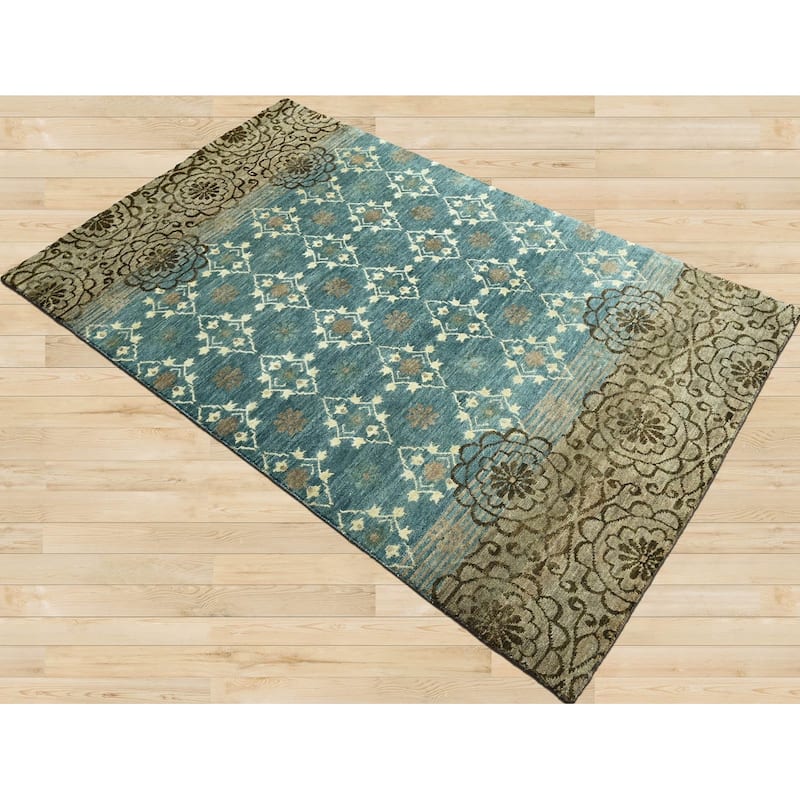 LoomBloom Teal Hand Knotted Transitional Oushak Wool Area Rug - 3' 10'' x 5' 11''