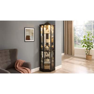 Cherry Wood Lighted Corner Display Cabinet with Adjustable Shelves & Tempered Glass - Elegant Wine Storage for Home .