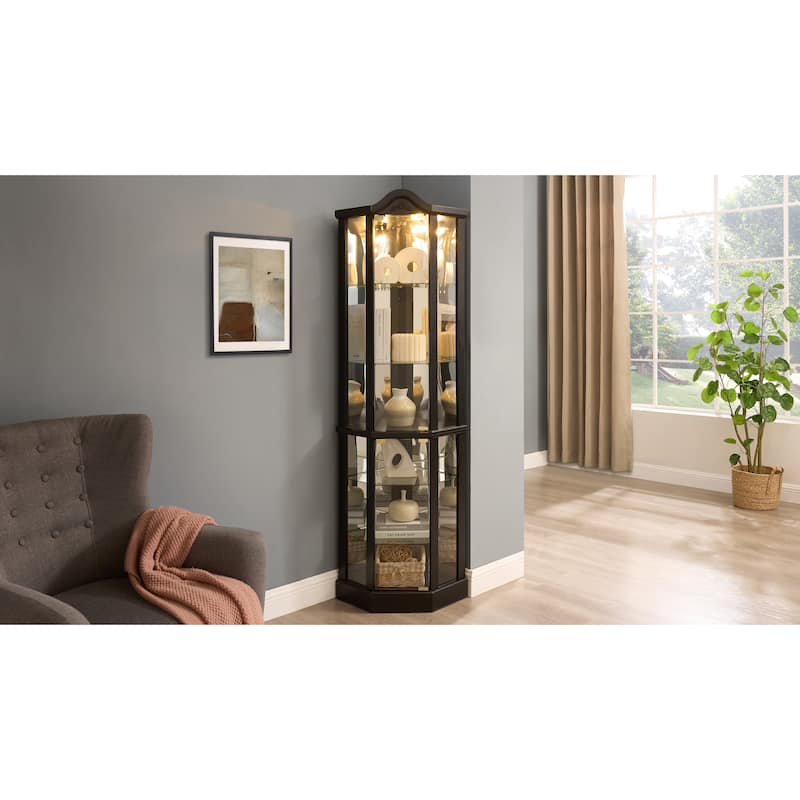 Lighted Corner Curio Cabinet, Glass Display Cabinet with Adjustable Shelves, Accent Cabinet with Curved Top Carving