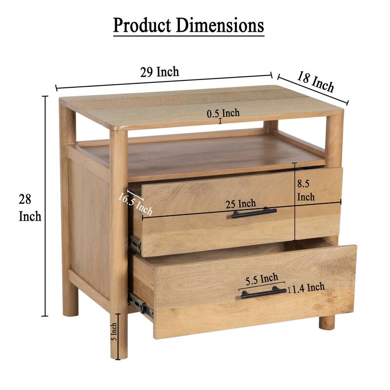 Geti 29 Inch Bedside Nightstand Table, Handcrafted Natural Oak White Mango Wood, 2 Drawer, Open Shelf
