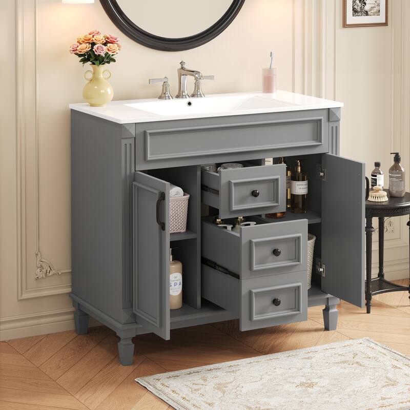GDFStudio - Carrinford Modern Freestanding Bathroom Vanity with Ceramic Sink and 2 Soft Closing Doors & 2 Drawers - Grey