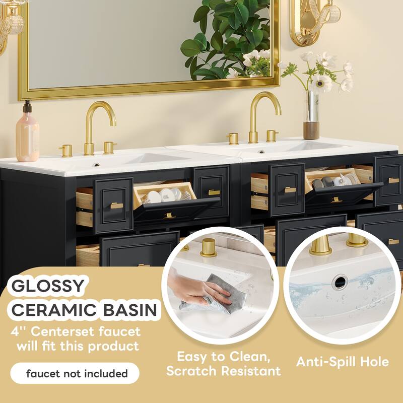 2-Piece Bathroom Vanity Set, 60" Bathroom Vanity Set with Ceramic Sink (Separate), Solid Wood Frame Bathroom Storage Cabinet