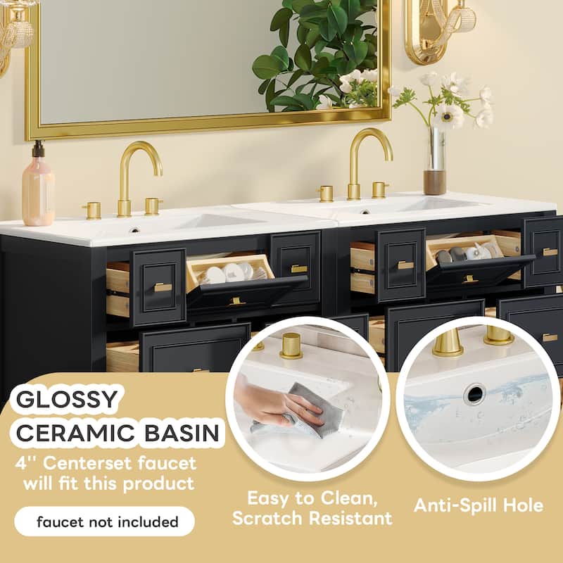 60'' Bathroom Vanity With Ceramic Sink Combo, Free Standing Single Vanity Set With 5 Drawers,Solid Wood FrameStorage Cabinet