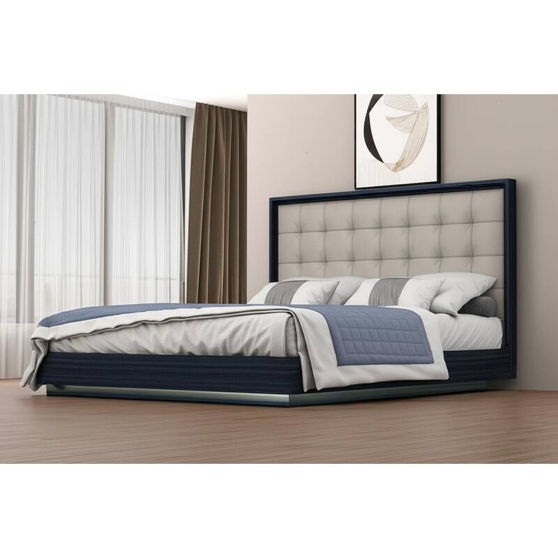 HomeRoots Blue and Gray Wood And Tufted Faux Leather Lighted King Bed Frame - King