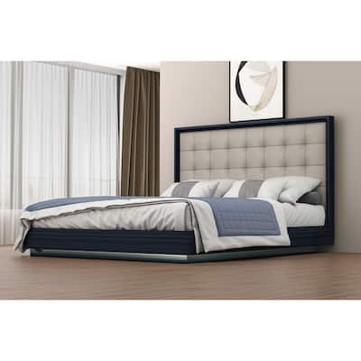 HomeRoots Blue and Gray Wood And Tufted Faux Leather Lighted King Bed Frame