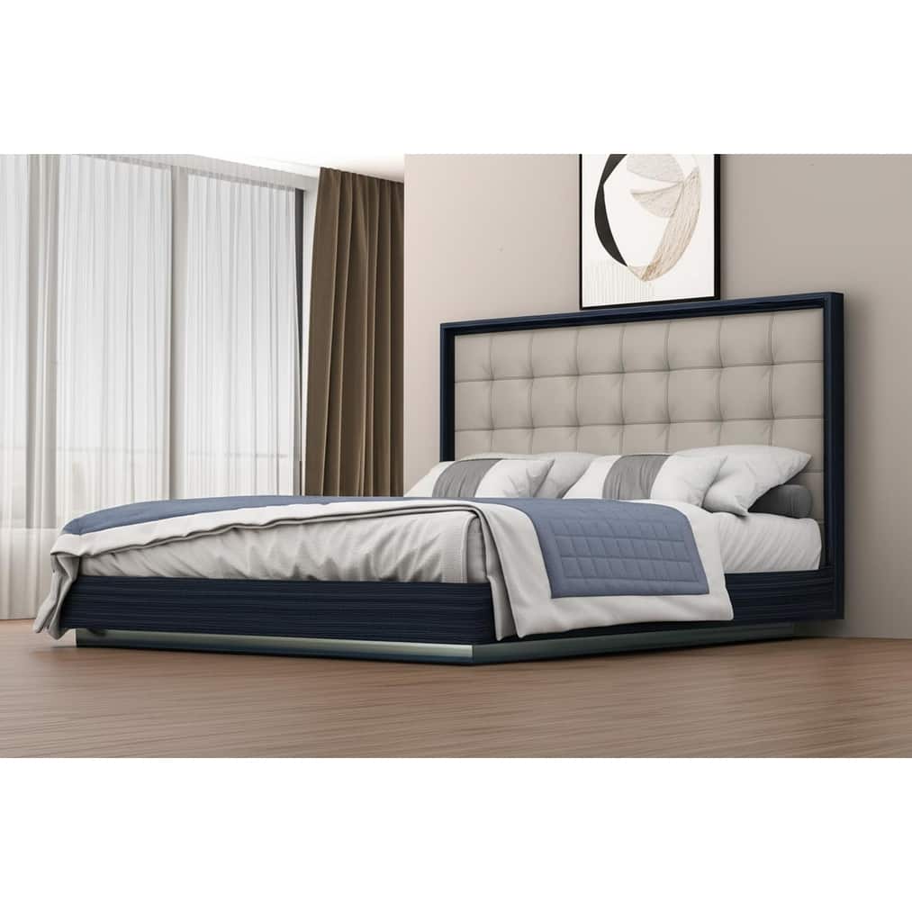 HomeRoots Blue and Gray Wood And Tufted Faux Leather Lighted King Bed Frame