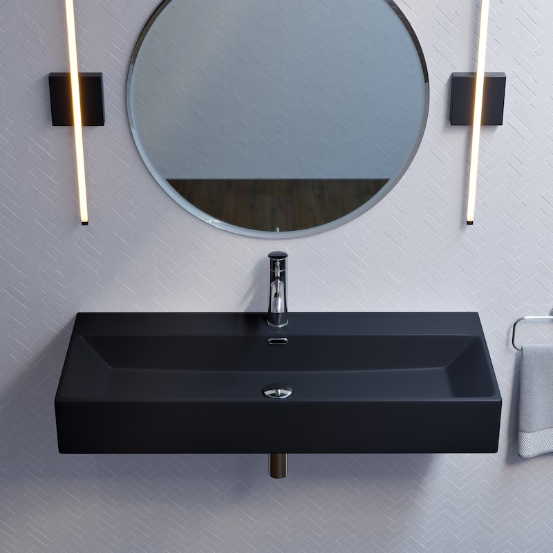 Reims 40" Rectangle Wall-Mount Bathroom Sink In Matte Black - 39.65" x 16.8" 5.65"