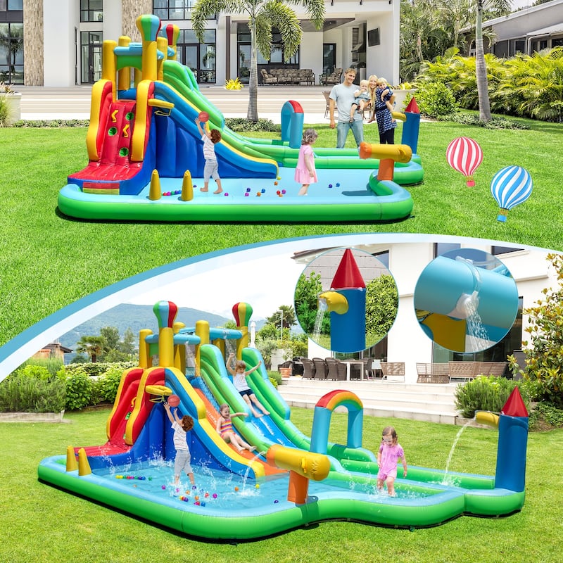 Large Inflatable Water Slide Park with Dual Slides Climbing Wall Pools and Water Cannon for Kids - 225" x 145.5" x 105"