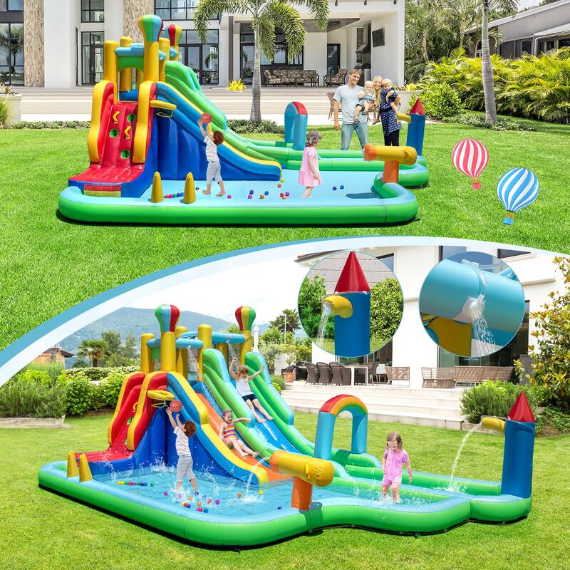 Large Inflatable Water Slide Park with Dual Slides Climbing Wall and Splash Pools and Blower for Kids - 225" x 145.5" x 105"