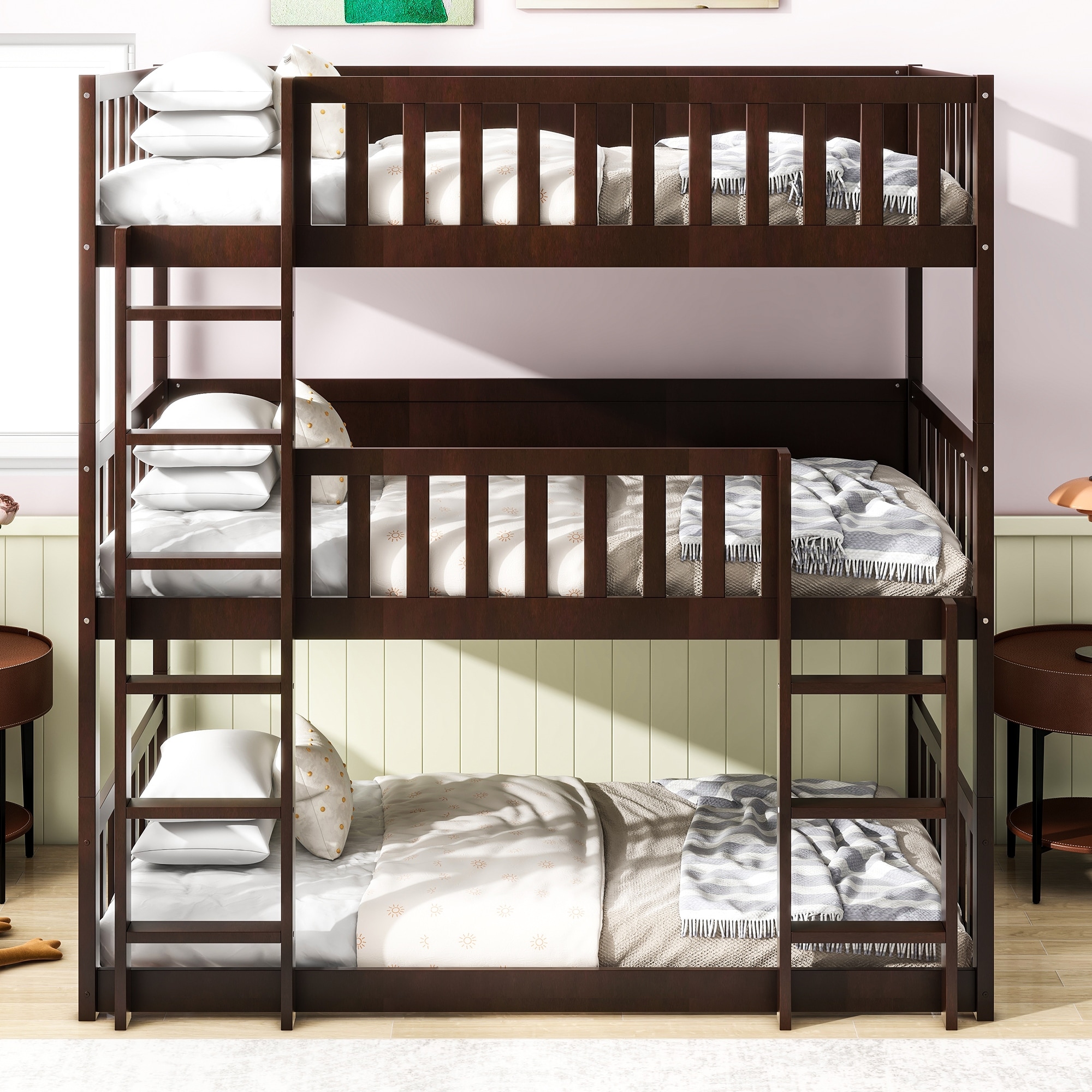 Roomfitters Twin Size Triple Rubber Wood Bunk Bed with Ladders and Guardrails, Detachable Twin over Twin over Twin Bed, Espresso