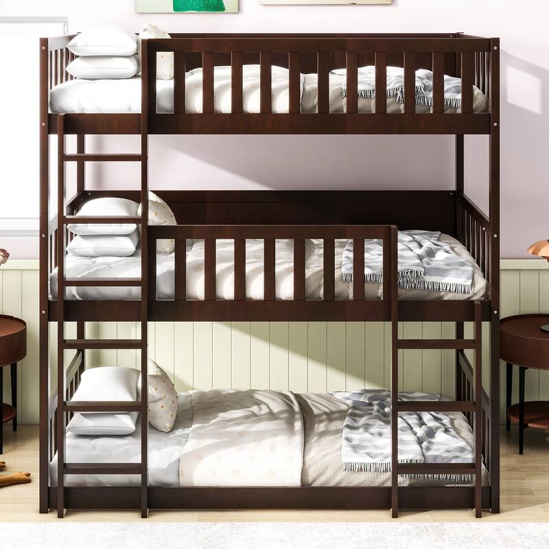 Triple Twin Size Rubber Wood Bunk Bed with Ladders and Guardrails, Detachable, Espresso - Espresso