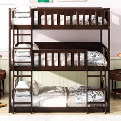 Twin Size Triple Rubber Wood Bunk Bed, with Ladders, Guardrails Detachable Bunk Bed, Twin over Twin over Twin,Espresso