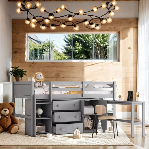 slide 2 of 22, Kids Twin Loft Bed With Pull-Out Desk, Drawers, Cabinet, And Shelves, Space-Saving, Easy Assembly Grey