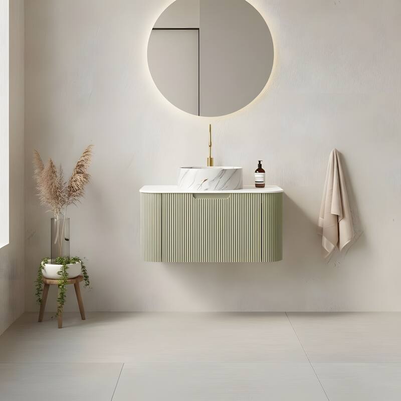 Floating Bathroom with Round Ceramic Basin and Storage Drawer - 30 - Light Green