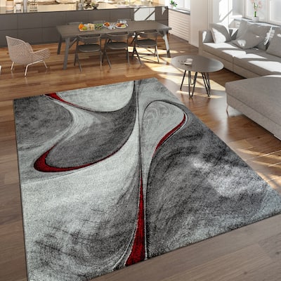 Grey Red Area Rug for Living Room Modern with Artistic Abstract waves