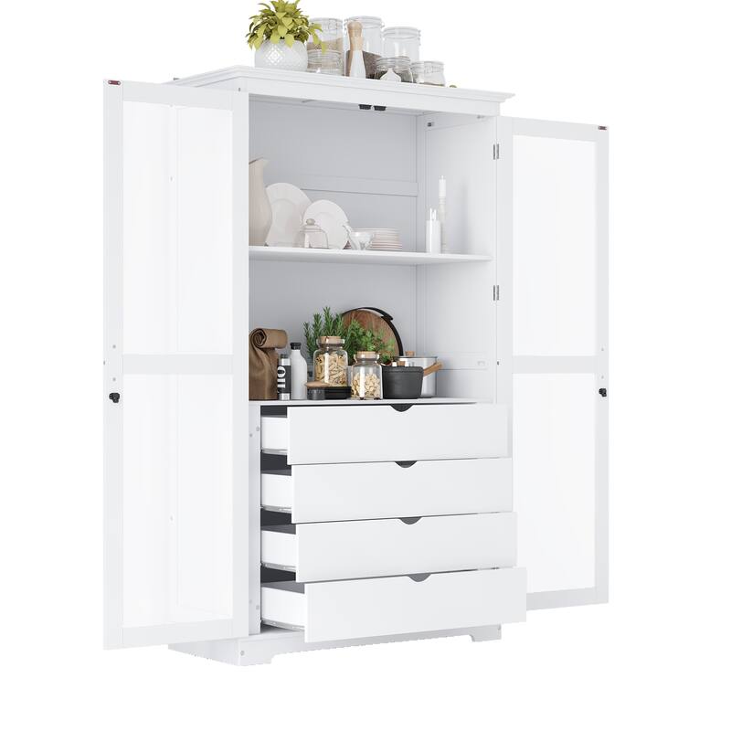 Freestanding Kitchen Storage Cabinet Display Cabinet with Glass Doors and 4 Built-in Drawers for Living Room, Home Office