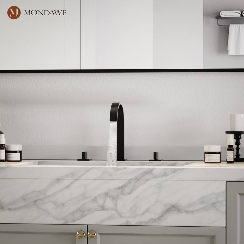 Mondawe Deck Mounted 8 Inch Widespread Double-Handle Bathroom Faucet in Matte Black for Bathroom, Vanity, Laundry