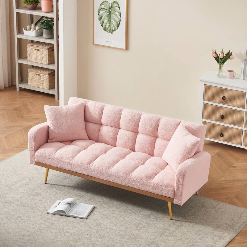 69 Inch Sofa Bed Pink with Adjustable Teddy Sofa