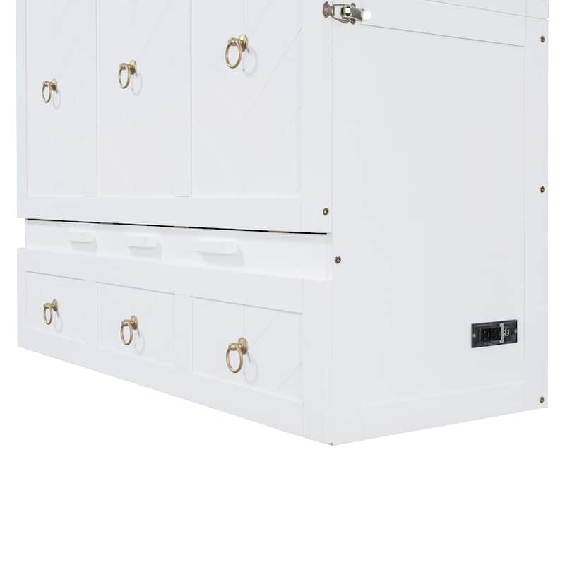 Space-Saving Full Murphy Bed with USB Charging Ports, Large Drawer & Sturdy Pine Wood Construction
