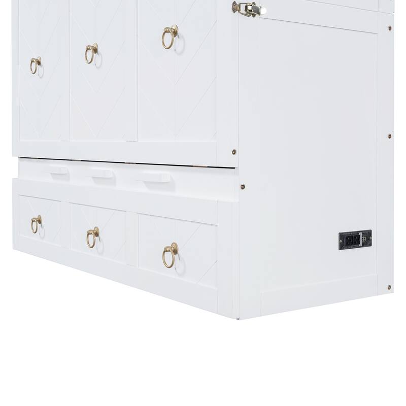 White Full Size Space-Saving Murphy Bed with USB & Large Drawer