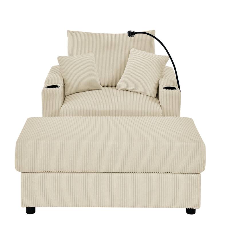 Corduroy Sofa Accent Chair & Ottoman Set, Single Chaise Lounge Couch with Storage Armrests, Cup Holders and Phone Stand