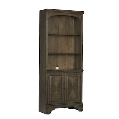Three-shelf Wood Bookcase with Cabinet in Burnished Oak